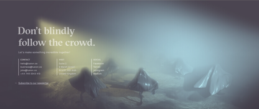 Strona internetowa lusion.co spowita we mgle z hasłem Don't blindly follow the crowd i danymi kontaktowymi
