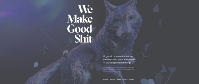 Ciemny nagłówek strony Dogstudio z dużą grafiką wilka oraz białym napisem We Make Good Shit