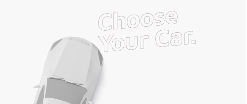 Minimalistyczny layout strony internetowej z napisem Choose Your Car oraz widokiem z góry na biały samochód 3D