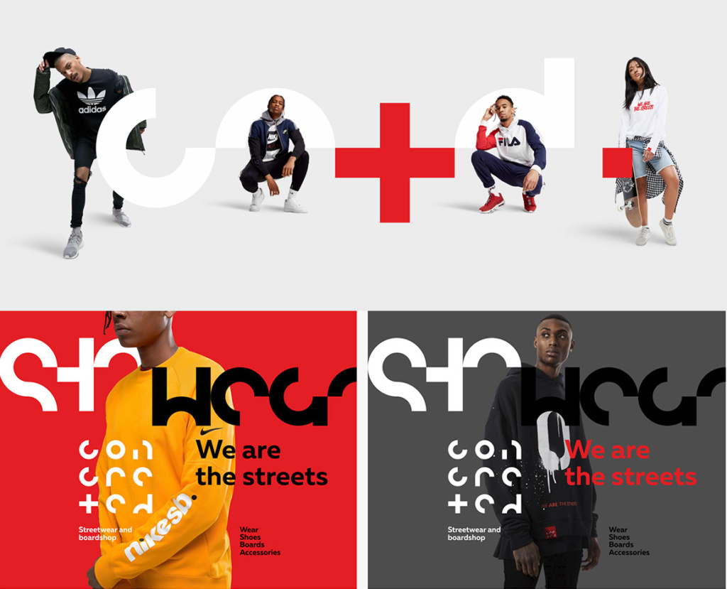Kolaż projektów ubrań streetwear marki z modelami prezentującymi odzież sportową na minimalistycznym tle