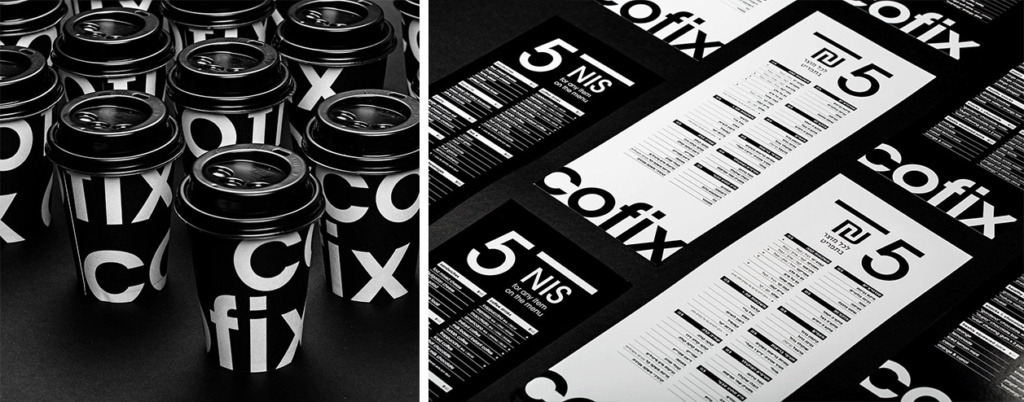 Identyfikacja wizualna sieci kawiarni Cofix obejmująca papierowe kubki na wynos oraz minimalistyczne czarno-białe menu