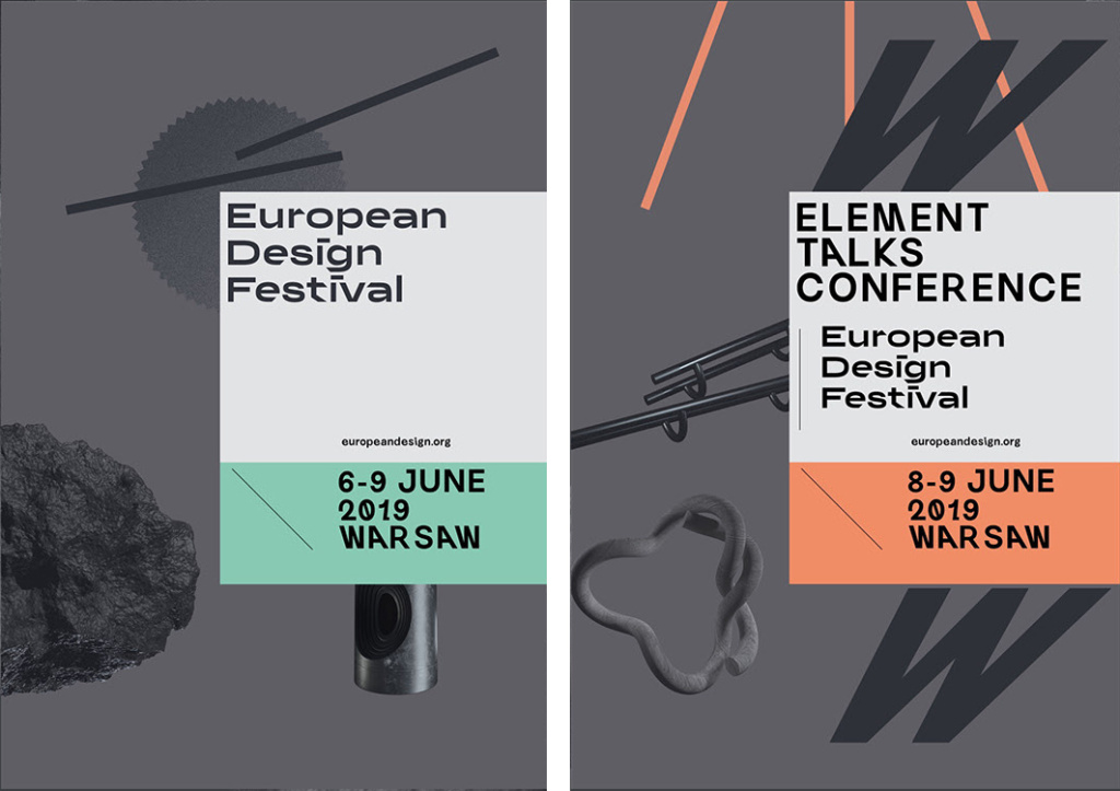Dwa minimalistyczne plakaty festiwalu European Design Festival oraz Element Talks Conference z 2019 roku w Warszawie