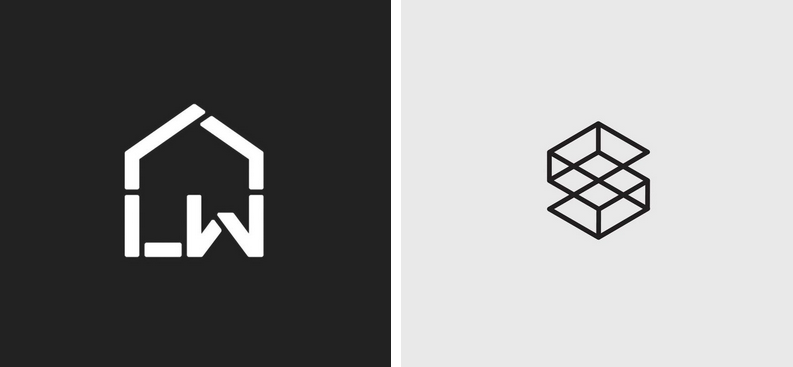 Dwa ekrany z minimalistycznymi, liniowymi logotypami przedstawiającymi kontur domu oraz sześcian