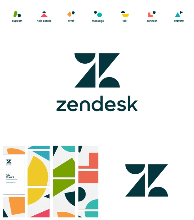 System identyfikacji wizualnej marki Zendesk oparty na geometrycznym logo Z i kolorowych kształtach