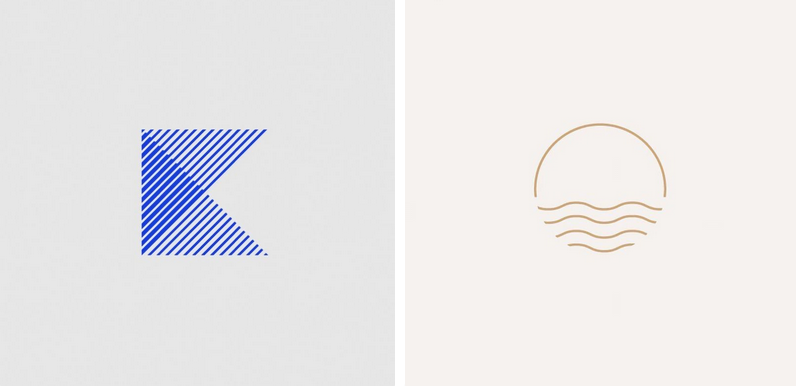 Dwa minimalistyczne symbole graficzne – niebieska litera K z ukośnych linii oraz złote słońce nad falami