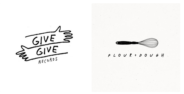 Ręcznie rysowane logo Give Give Records z motywem dłoni oraz Flour + Dough z ilustracją trzepaczki