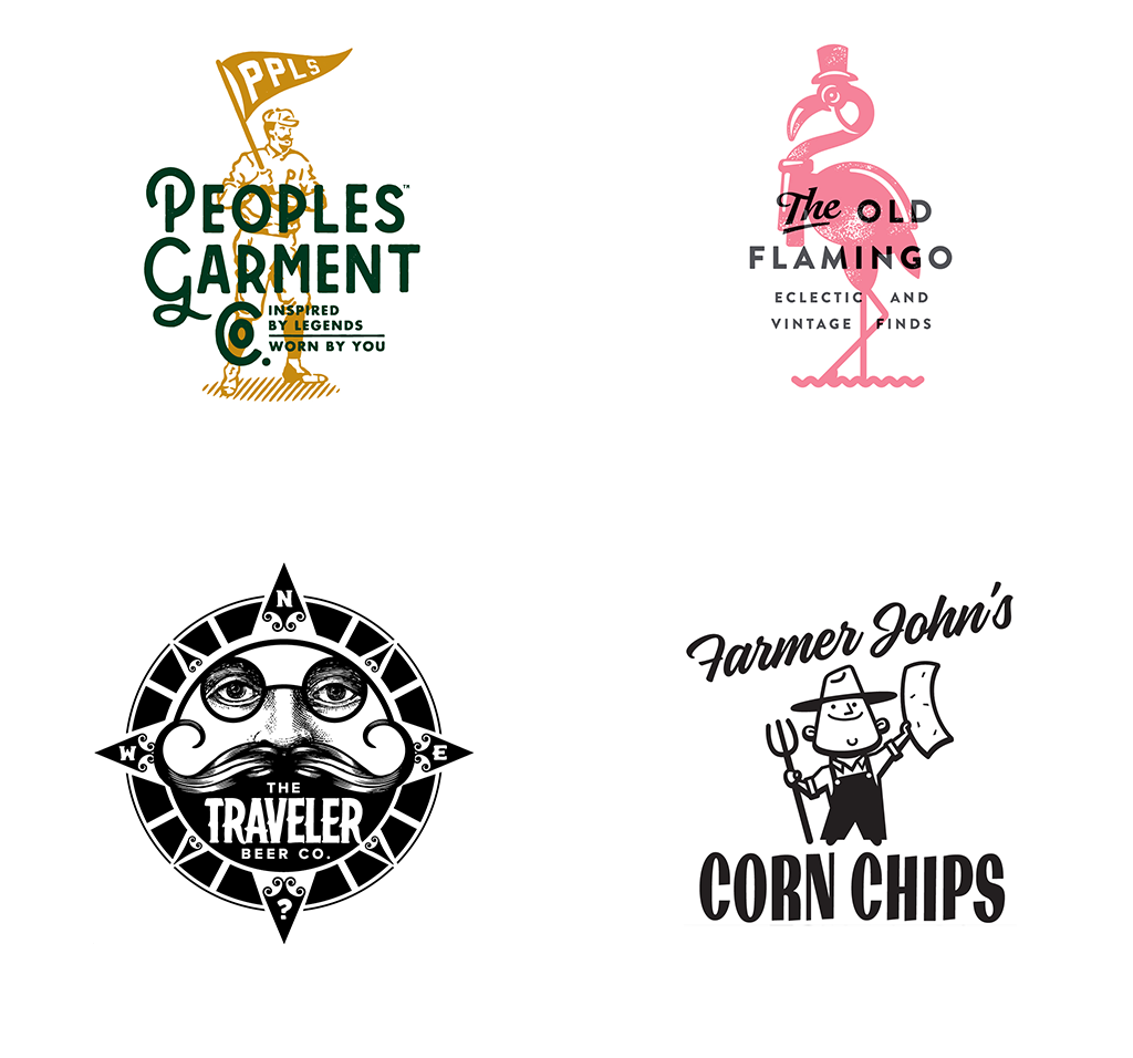 Cztery ilustrowane logo w stylu vintage: Peoples Garment Co., The Old Flamingo, The Traveler Beer Co. i Farmer John's