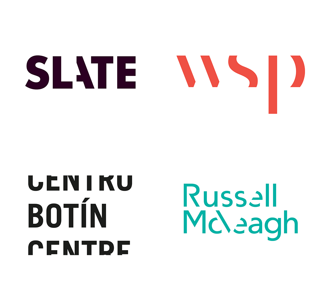 Przykłady nowoczesnych logotypów opartych na typografii: Slate, WSP, Centro Botín Centre oraz Russell McVeagh