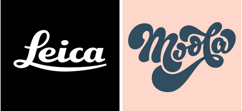 Dwa pisane logotypy w stylu kaligraficznym – kultowe logo Leica oraz dekoracyjny napis Moola