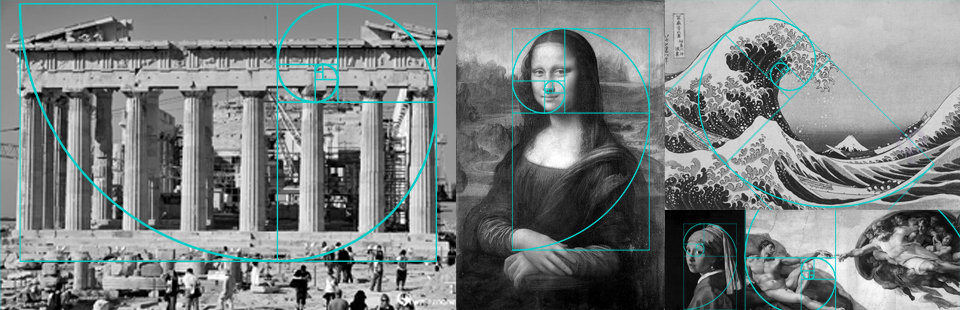 Kolaż czarno-białych zdjęć słynnych dzieł sztuki i architektury (Partenon, Mona Lisa, Wielka Fala, Stworzenie Adama) z nałożonymi złotymi spiralami i prostokątami kompozycyjnymi