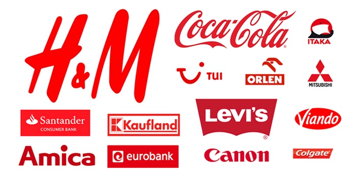 Zestawienie znanych czerwonych logo marek takich jak Coca-Cola, H&M, Orlen, Levi's i Canon