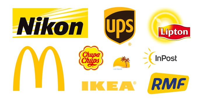 Zestawienie żółtych logo popularnych marek takich jak McDonald's, IKEA, Nikon, UPS i RMF FM