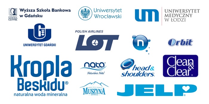 Zestawienie niebieskich logo firm i uczelni, w tym LOT, Kropla Beskidu, Head & Shoulders i Uniwersytet Gdański
