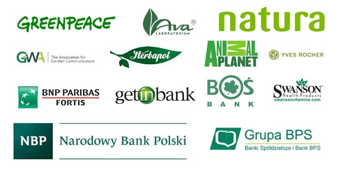 Zestawienie zielonych logo marek i banków takich jak Greenpeace, NBP, Herbapol i BOŚ Bank