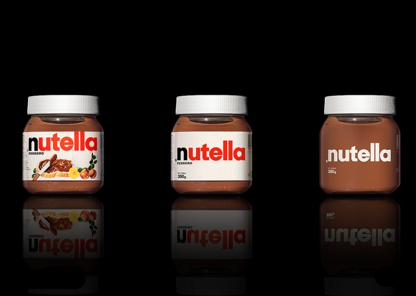 Trzy słoiki kremu Nutella pokazujące stopniowe upraszczanie etykiety i eliminację elementów graficznych