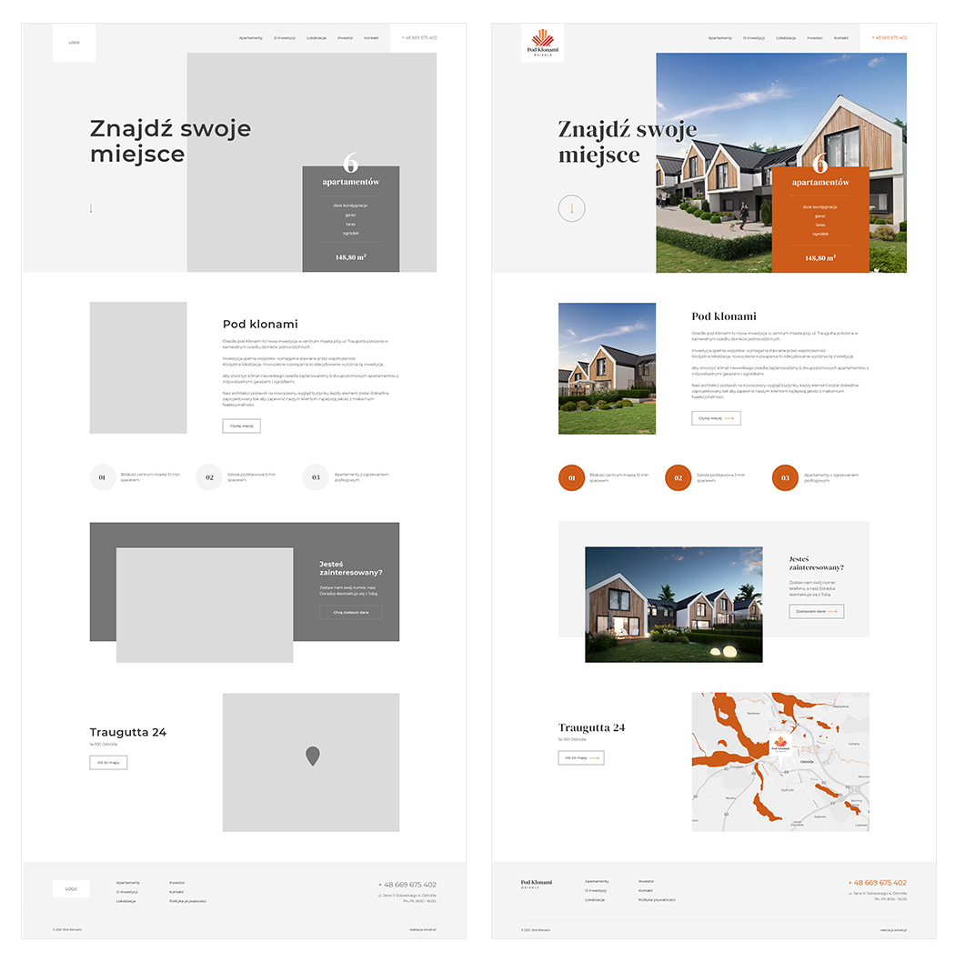 Porównanie makiety wireframe z gotowym projektem landing page dla inwestycji deweloperskiej Pod klonami