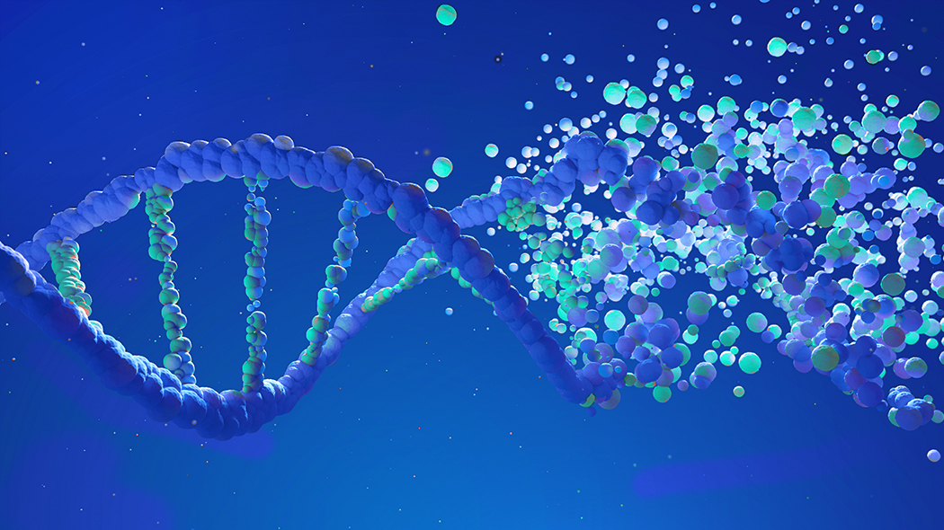Trójwymiarowy model podwójnej helisy DNA rozpadający się na niebieskie i zielone cząsteczki na ciemnoniebieskim tle