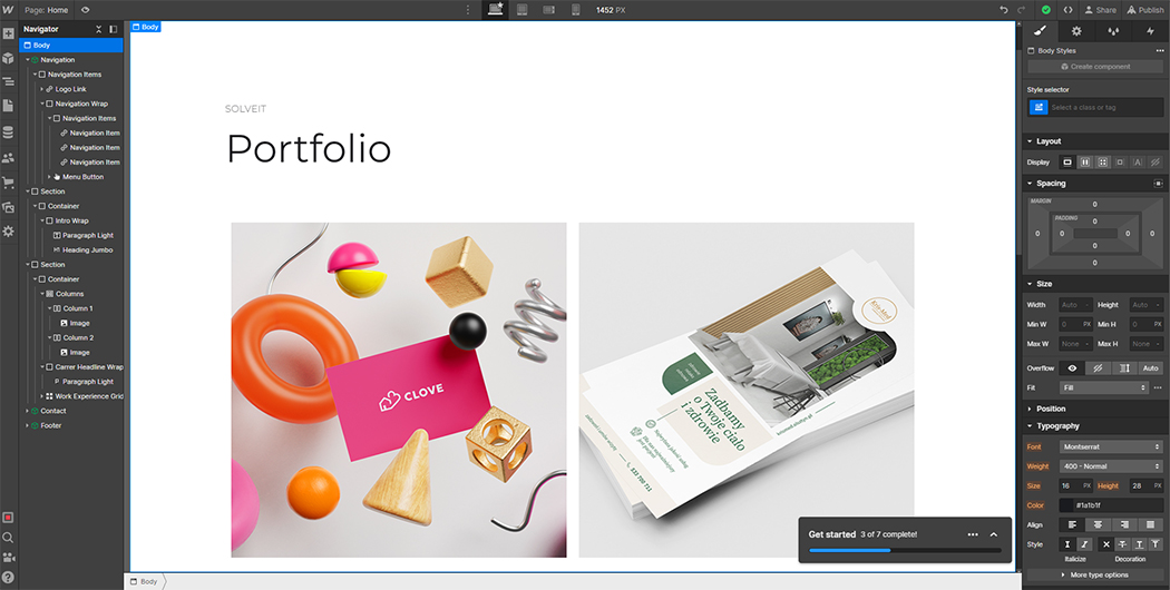Interfejs programu Webflow podczas projektowania sekcji portfolio na stronie internetowej