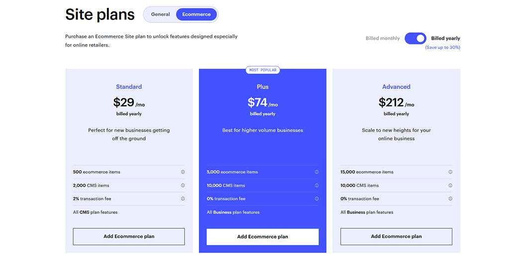 Cennik pakietów sklepowych Webflow Ecommerce Site plans z planami Standard, Plus i Advanced