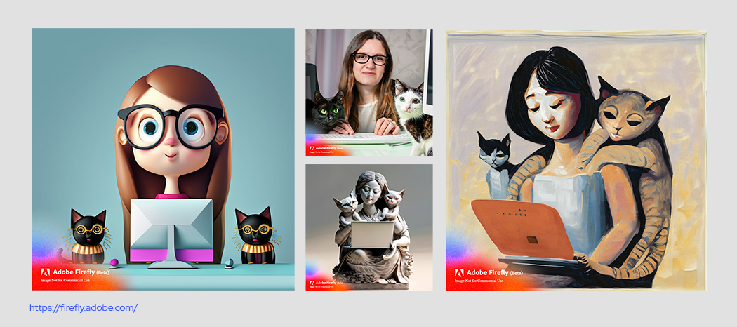 Kolaż czterech grafik wygenerowanych w Adobe Firefly przedstawiających kobiety z kotami podczas pracy przy komputerze i laptopie.