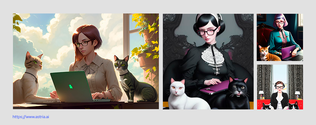 Kolaż cyfrowych grafik w stylu anime i fantasy przedstawiających kobiety w okularach z laptopami i kotami, wygenerowany w Astria.ai.