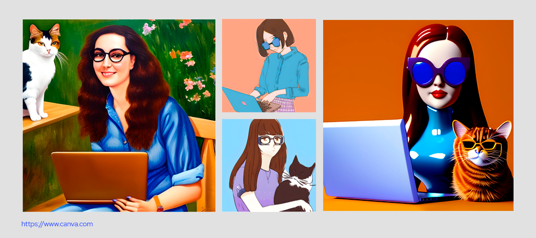 Kolaż czterech ilustracji z kotami i kobietami pracującymi na laptopach, stworzony w Canva.