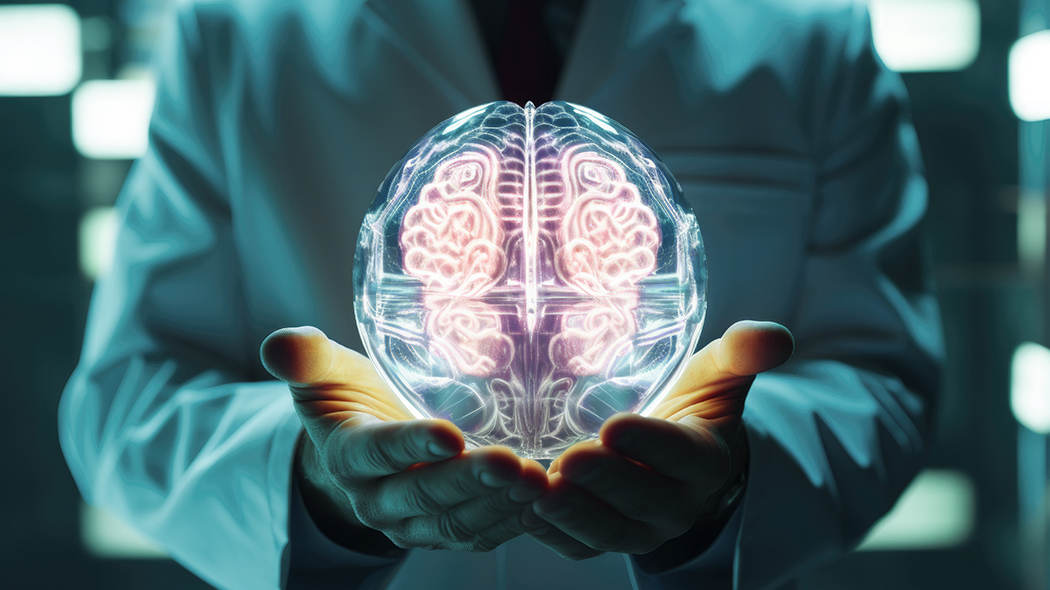 Lekarz w białym kitlu trzyma w otwartych dłoniach świecący, przezroczysty model ludzkiego mózgu. Zarys struktur neurologicznych i półkul mózgowych emanuje jasnym, różowo-białym światłem na ciemnoniebieskim, laboratoryjnym tle.