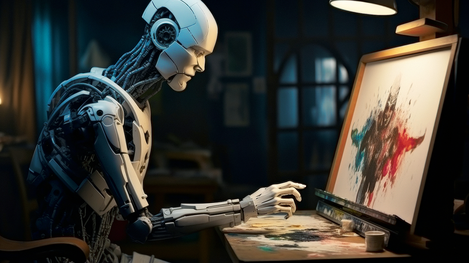 Obraz malowany przez robota Inteligentny robot maluje autoportret palcami na białym płótnie z wykorzystaniem koloru zielonego i czerwonego.