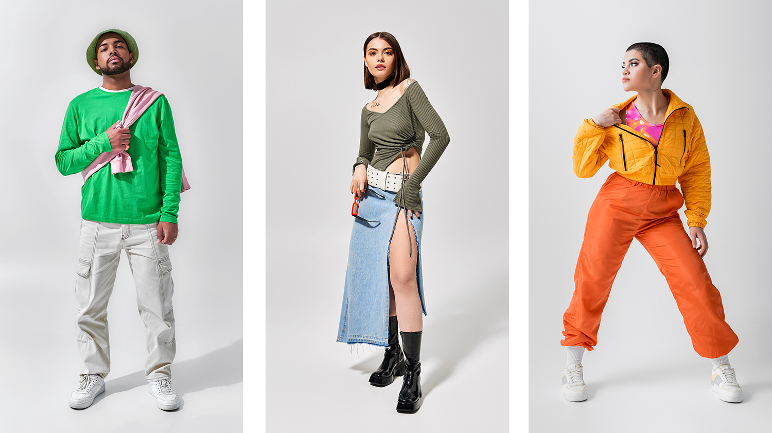 modeling modnych stylizacji Troje modeli pozuje prezentując kolorowe stylizacje na lato