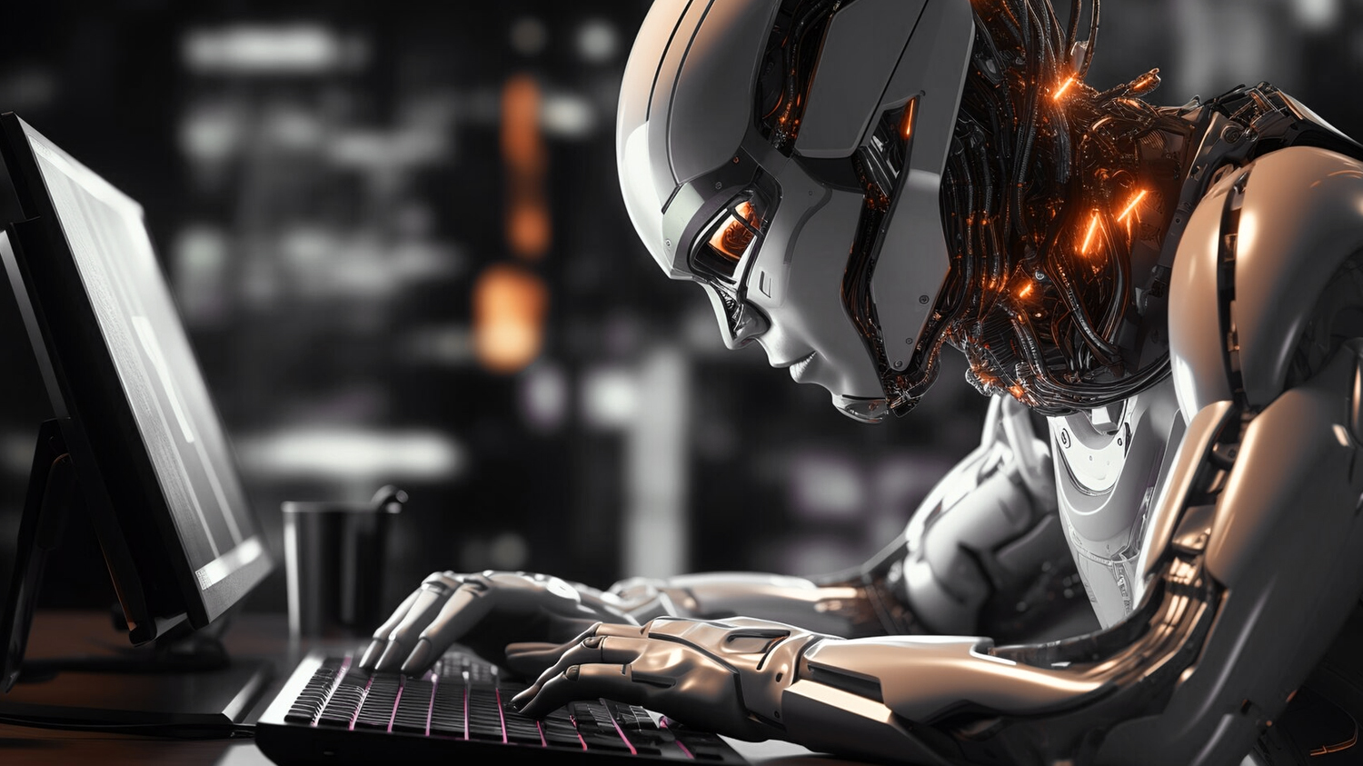 inteligentny robot pracuje przy komputerze zaawansowany robot sam programuje i pisze kody do innych algorytmów siedząc przy komputerze