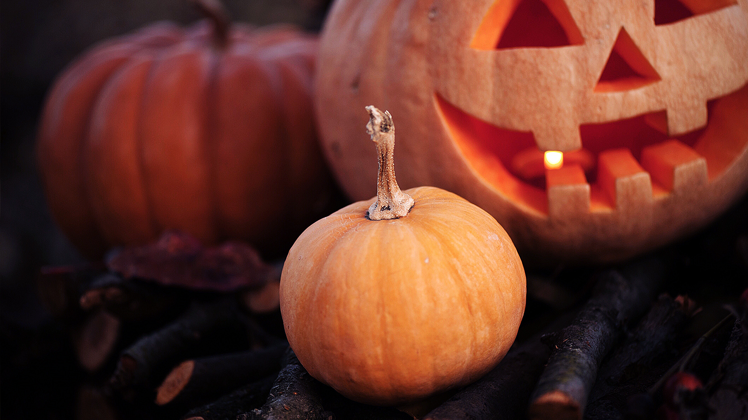 Halloweenowa dynia Halloweenowe dynie leżą na ziemi. Jedna z nich jest cała, druga wycięta w kształt uśmiechniętej twarzy.