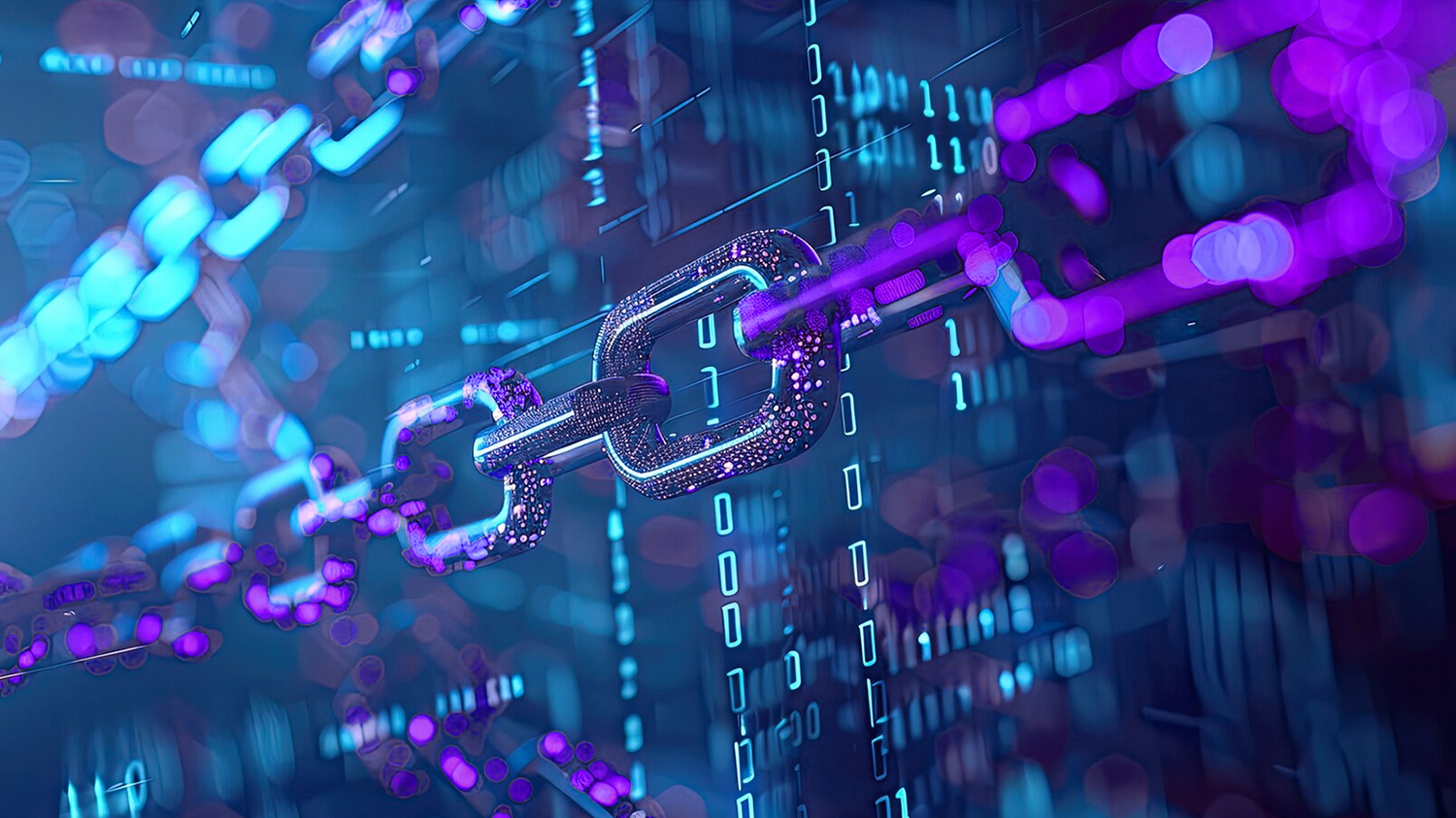 Łańcuch w przestrzeni cyfrowej wizualizacja cybernetyczne ogniwa łańcucha w systemie binarnym