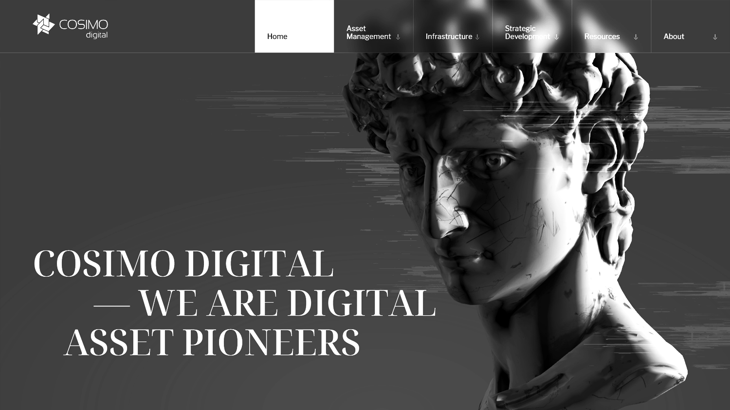 Strona internetowa Cosimo Digital z efektem glassmorfizmu, przedstawiająca czarno-biały wizerunek klasycznego posągu oraz menu z efektem glassmorfizmu