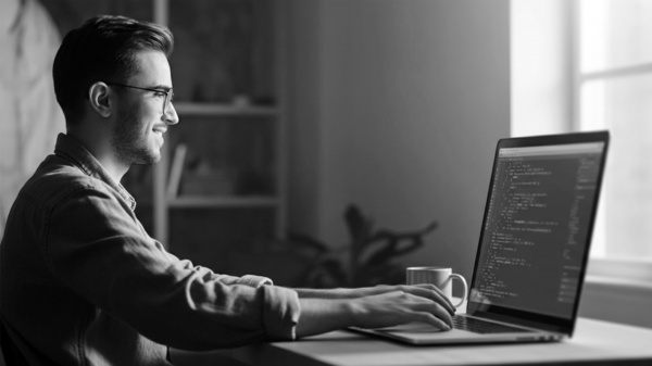 Uśmiechnięty programista pracujący przy laptopie z kodem na ekranie, w jasnym, minimalistycznym wnętrzu.