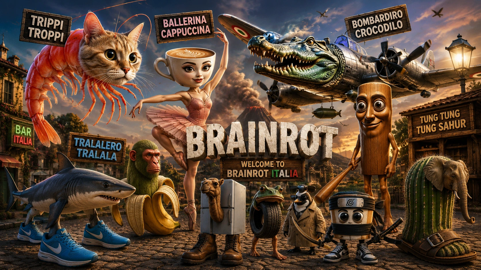 Surrealistyczna kompozycja postaci z trendu Italian Brainrot przedstawiająca m.in. kota-krewetkę, baletnicę z filiżanką kawy zamiast głowy oraz rekina w niebieskich butach sportowych