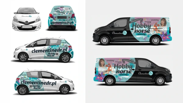 Kompleksowa wizualizacja reklamy na pojazdach: białym samochodzie Toyota Yaris oraz czarno-niebieskim vanie dla sklepu Clementine Dr. z napisami Hobby Horse