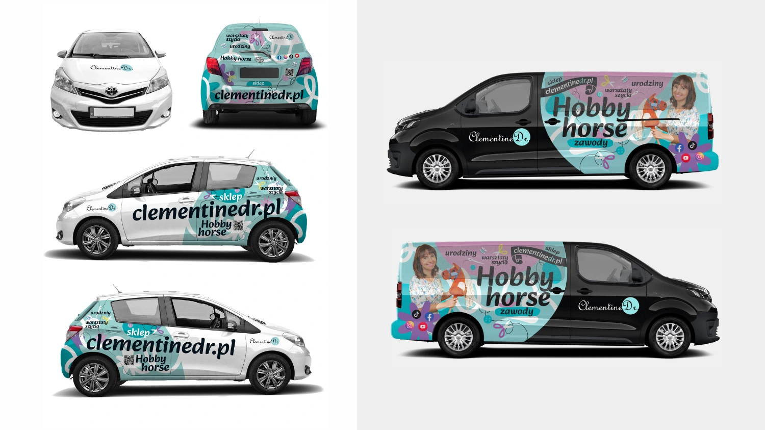 Kompleksowa wizualizacja reklamy na pojazdach: białym samochodzie Toyota Yaris oraz czarno-niebieskim vanie dla sklepu Clementine Dr. z napisami Hobby Horse