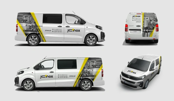 Czterostronna wizualizacja oklejenia białego vana Opel Vivaro dla firmy JC Inox z żółtymi akcentami i grafiką przedstawiającą instalacje ze stali nierdzewnej.