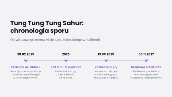 Infografika przedstawiająca oś czasu i chronologię sporu prawnego wokół mema Tung Tung Tung Sahur od TikToka do sądu federalnego