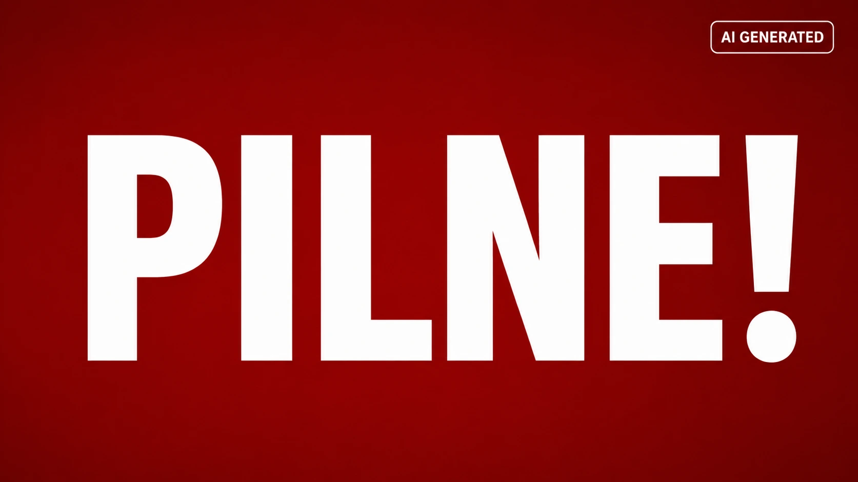 Duży biały napis PILNE! z wykrzyknikiem na ciemnoczerwonym tle