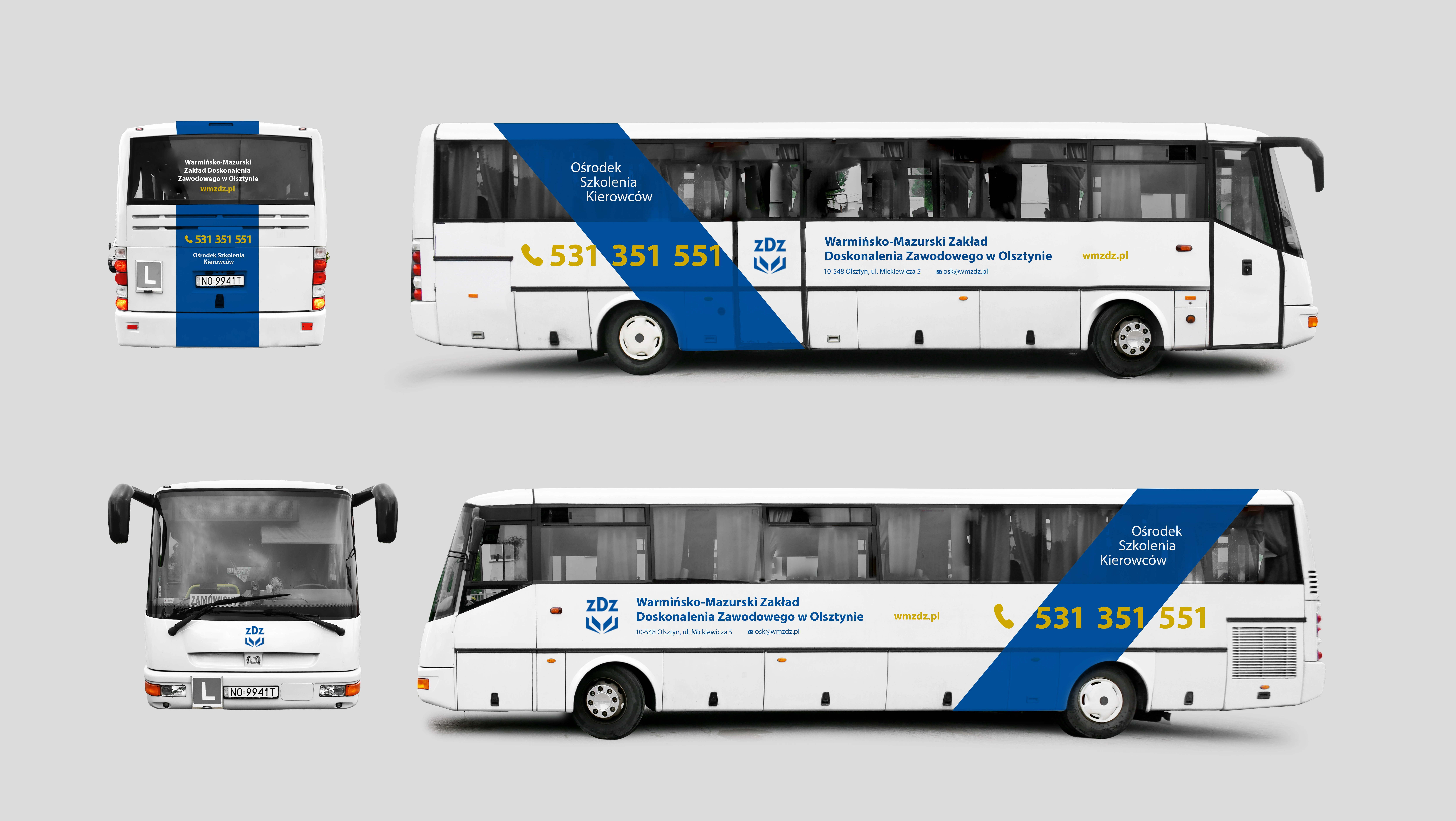 Wizualizacja projektu oklejenia autobusu SOR dla Ośrodka Szkolenia Kierowców ZDZ w Olsztynie – rzut z czterech stron