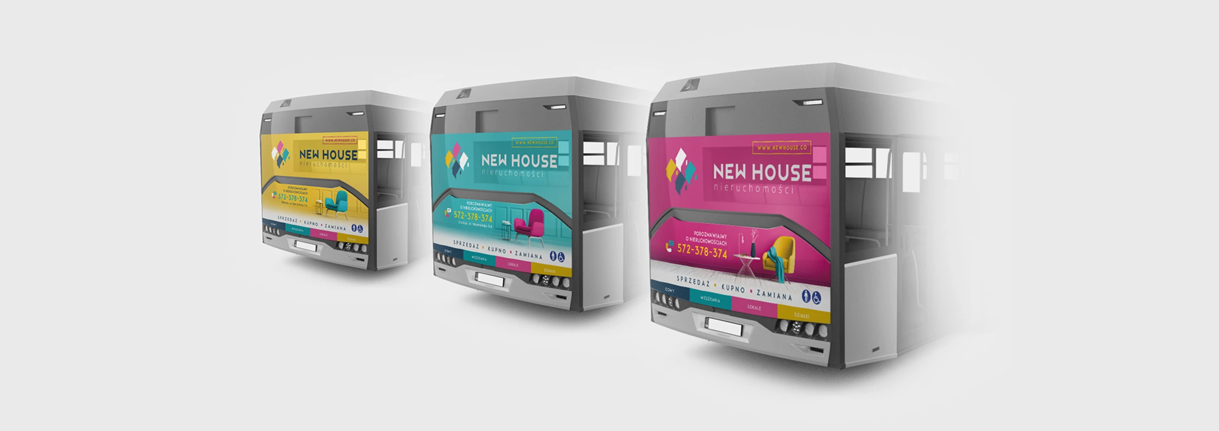 Wizualizacja projektu reklamy na tył autobusu miejskiego dla biura New House Nieruchomości w trzech wariantach kolorystycznych