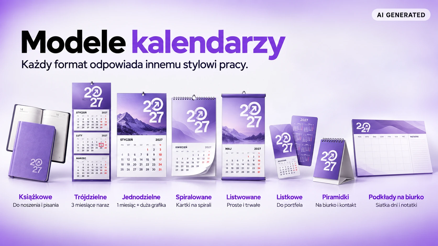 Infografika przedstawiająca różne modele kalendarzy: książkowe, trójdzielne, jednodzielne, spiralowane, listwowane, listkowe, piramidki oraz podkłady na biurko.