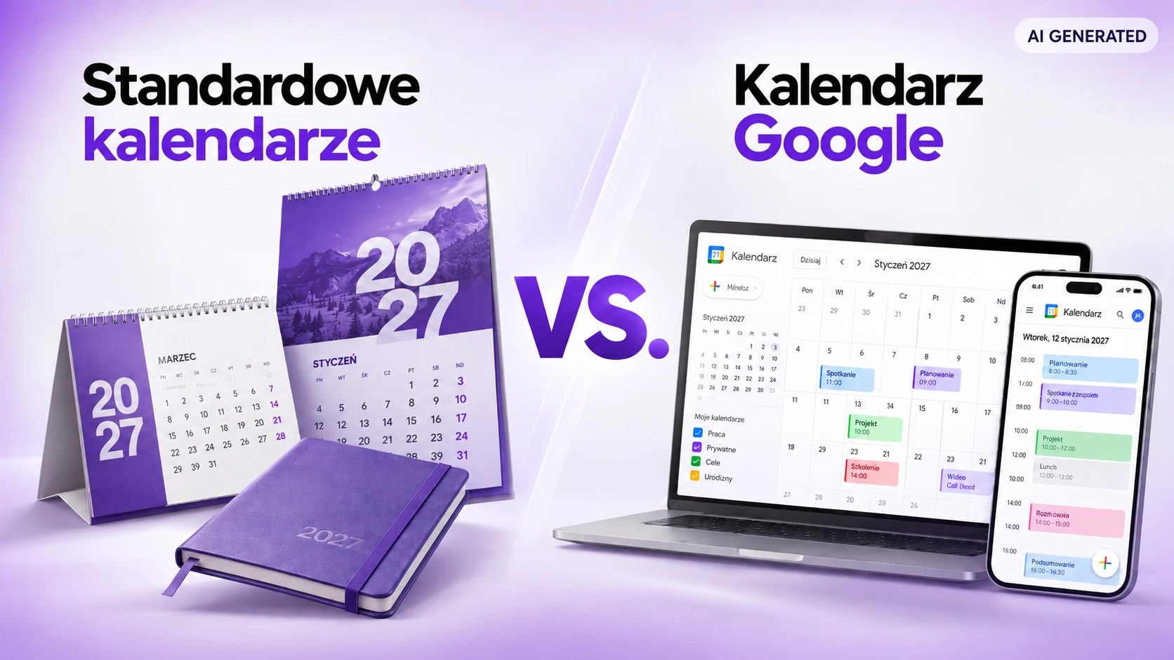 Porównanie tradycyjnych kalendarzy papierowych (książkowego, biurkowego i ściennego) z cyfrową aplikacją Kalendarz Google na laptopie i smartfonie.