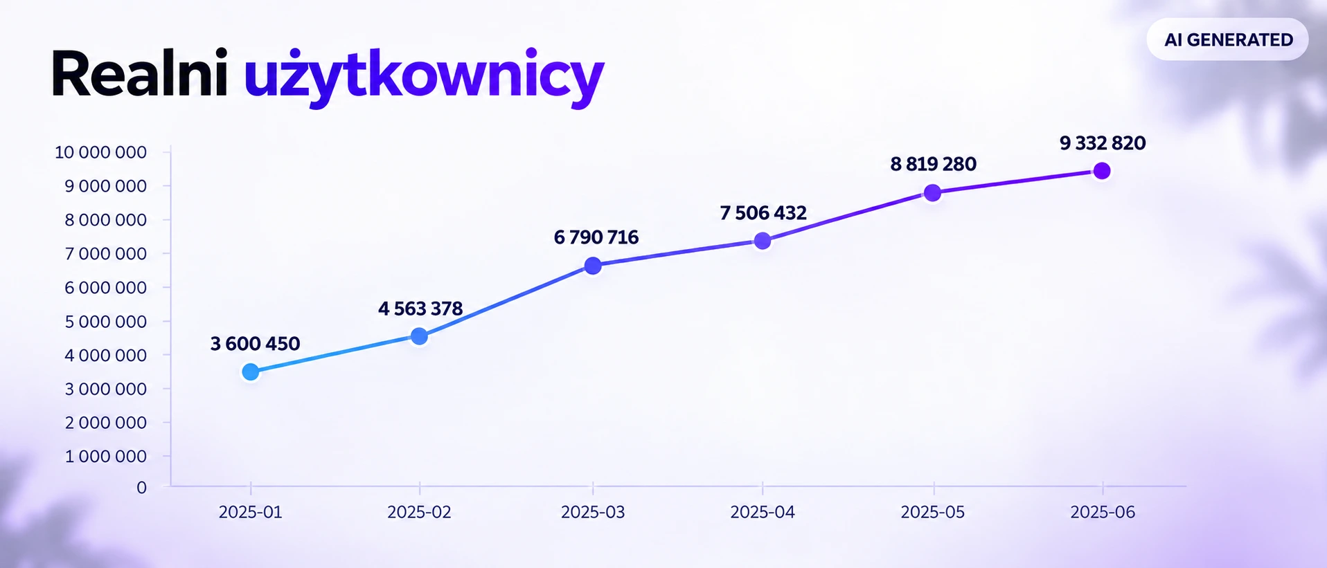 Wykres liniowy przedstawiający stały wzrost liczby realnych użytkowników od stycznia (3,6 mln) do czerwca 2025 roku (9,3 mln).
