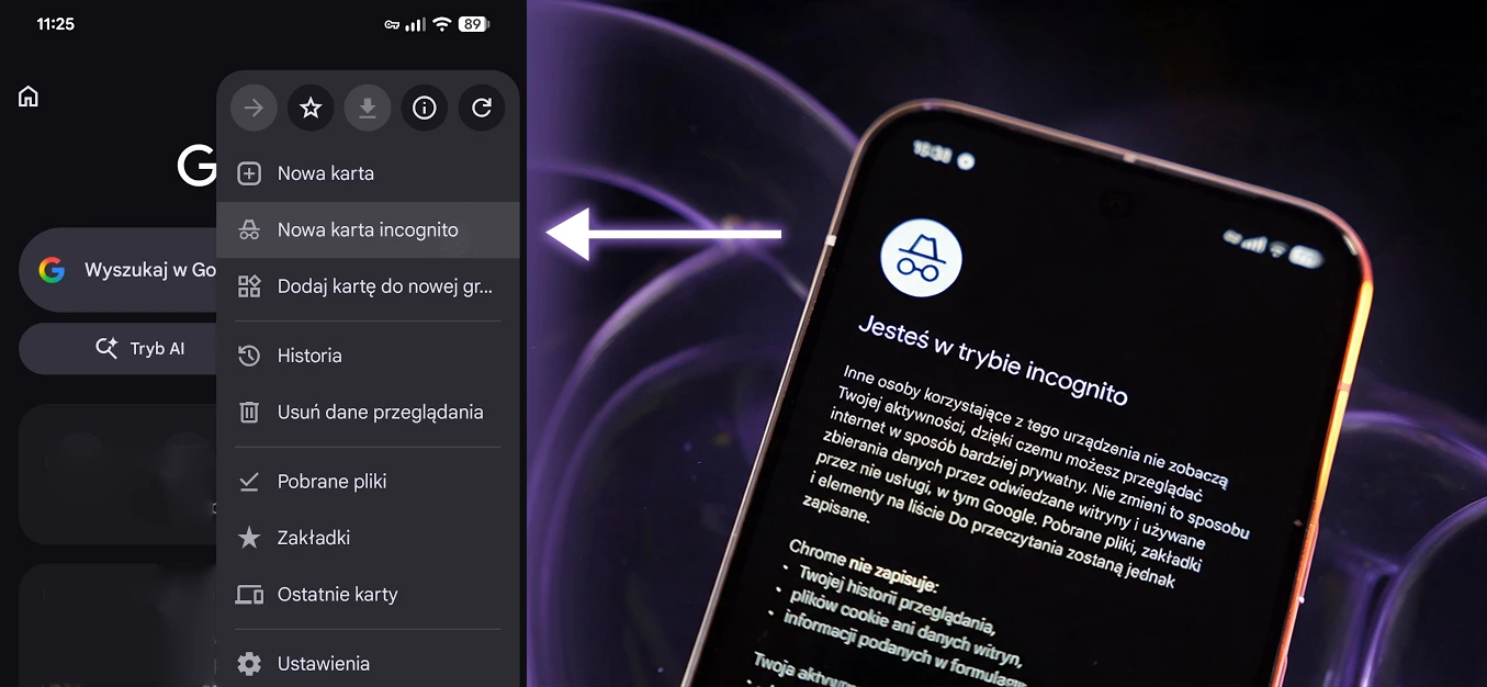 Ekran telefonu z otwartym trybem incognito w przeglądarce Google Chrome oraz menu wyboru opcji "Nowa karta incognito".
