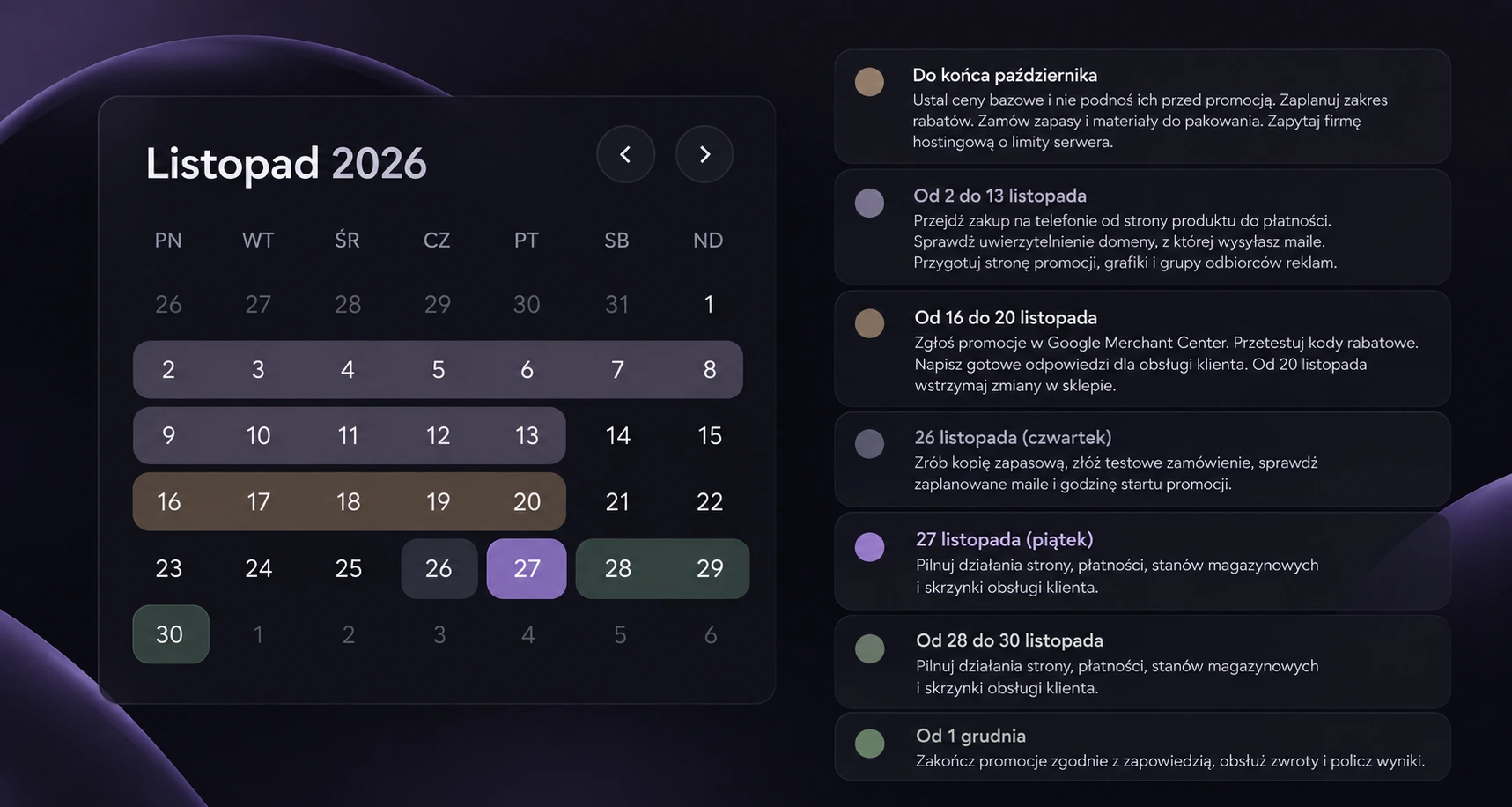 Planer promocji listopadowych 2026 w formie kalendarza i harmonogramu zadań e-commerce krok po kroku na ciemnym tle